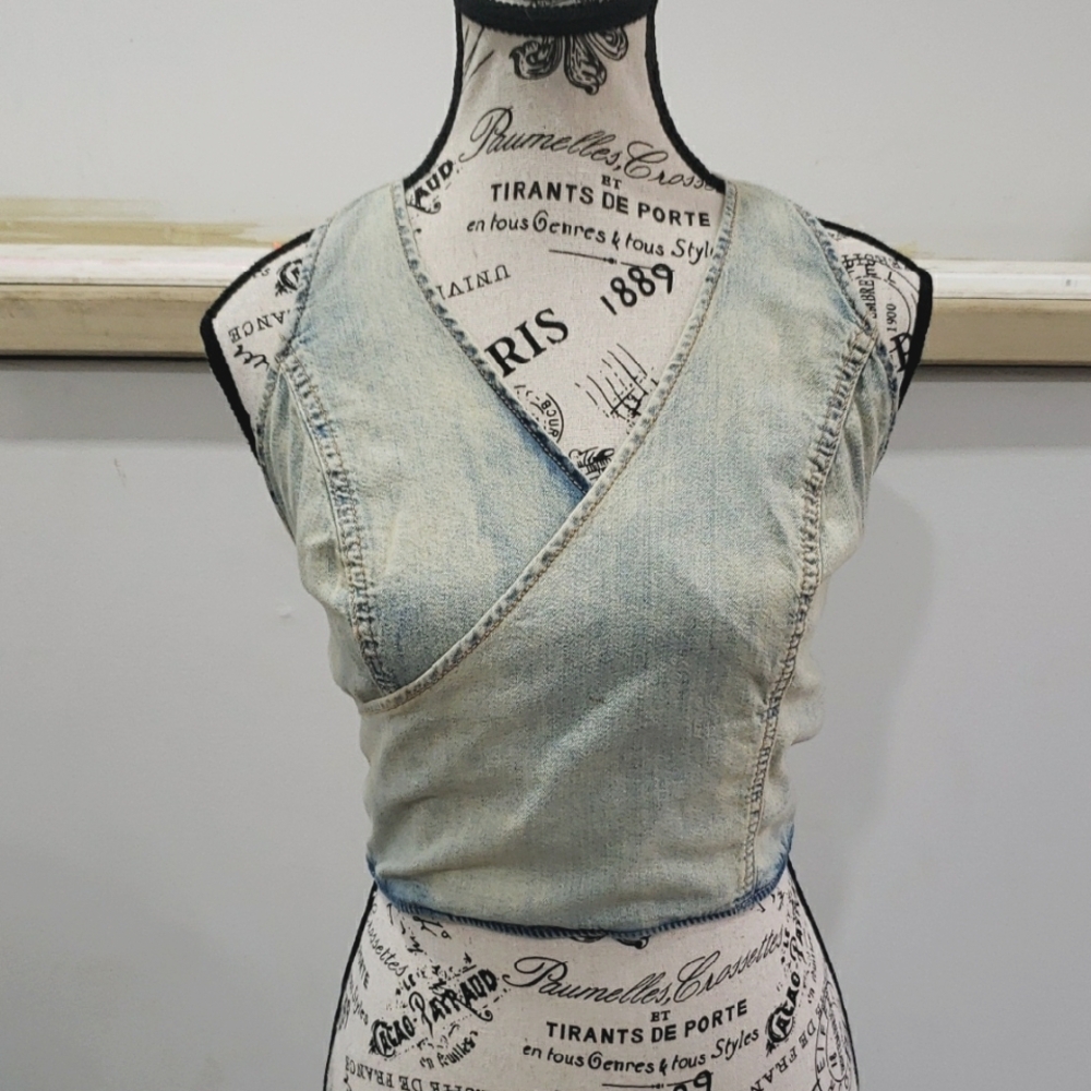 ZARA | Women's Rust Blue Cotton Denim Wrap Halter Tie Cropped Top NWOT